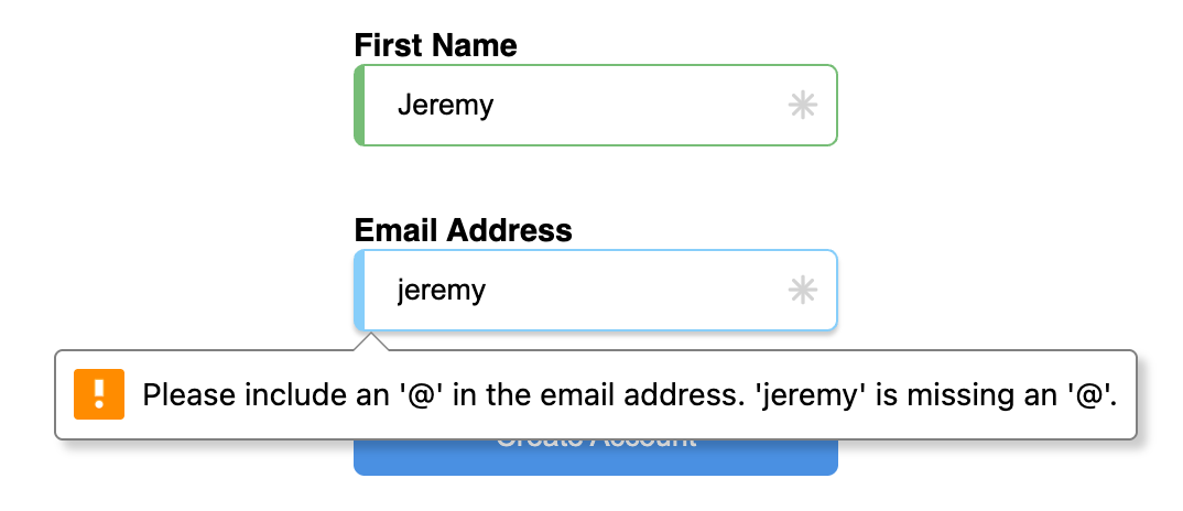 Basic form with name and email and required indicator with error state on email address