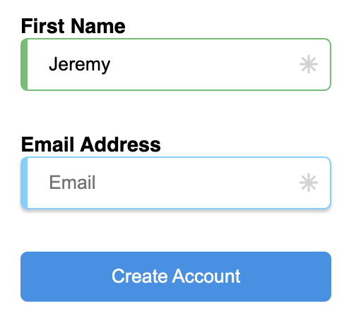 Basic form with name and email and required indicator with validity visible